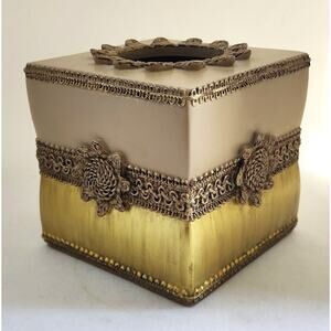 Tissue Box Holder-Avanti Linens-Gold-Heavy Resin-Rope Design-Gold-Tan-Square